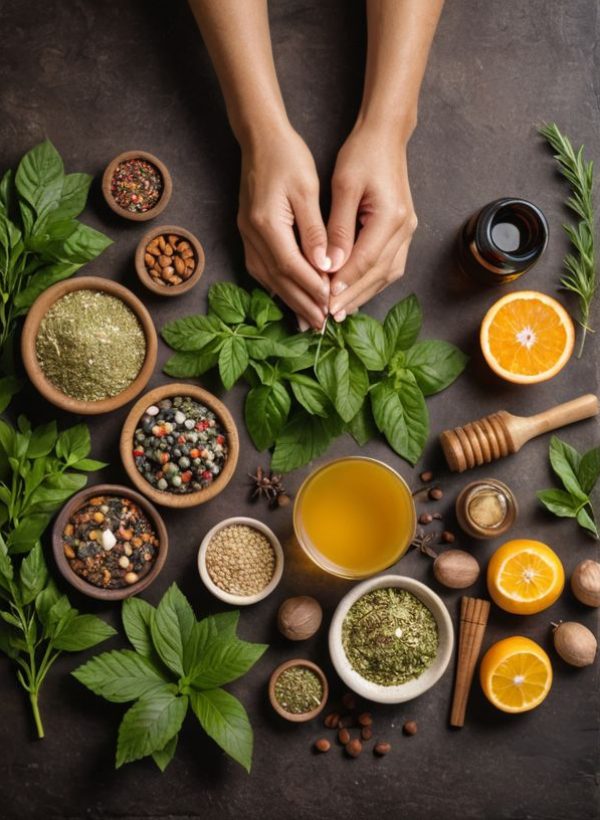 a green working space with laptop, notes, plants, computer